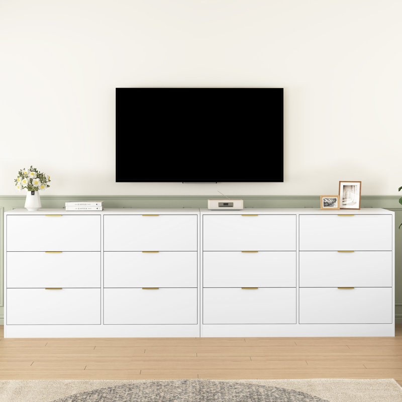 Commode à 6 tiroirs 47 po avec poignée dorée, Blanc