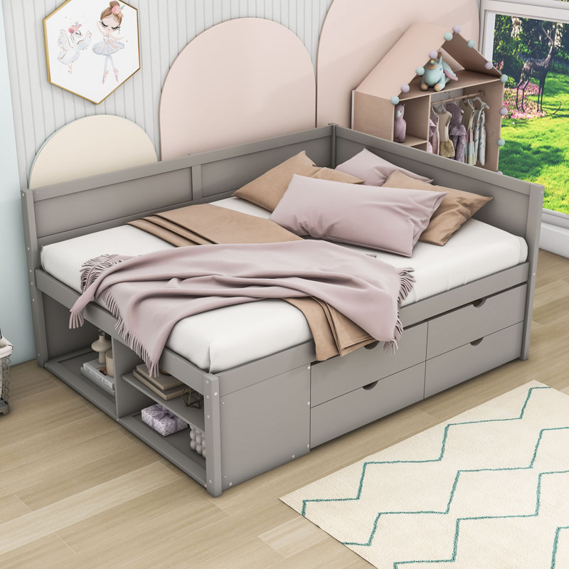 Nadira Daybed with Storage Drawers, Shelves and Slats, Gray, Twin