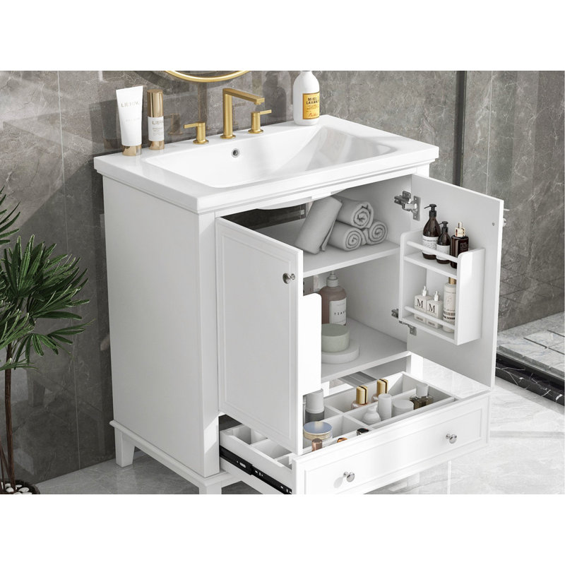 Meuble-lavabo de salle de bain avec lavabo avec portes et tiroir, cadre solide et panneau de fibres à densité moyenne, assemblage facile