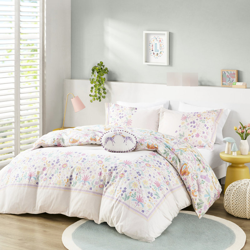Housse de couette en coton avec coussin rond et motifs floraux réversibles