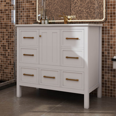 36 Inch Freestanding Bathroom Vanity Without Sink Solid Wood Cabinet With 5 Drawers
