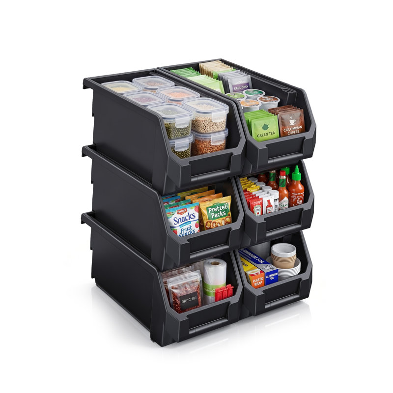 Sorbus 6 Pack Large Open Front Stackable Kitchen Storage Bin – Pantry & Cabinet Organizer, Black