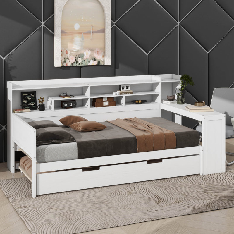 Lit de jour simple en bois avec supports de rangement combinés, lit gigogne simple et table d'étude intégrée, Lit simple