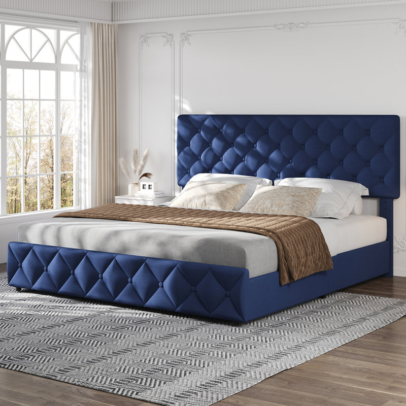  King Size Bed Frame with 4 Storage Drawers and Headboard, Linen Upholstered Full Platform Bed Frame, Diamond Stitched Button Tufted, Easy Assemble, Noise-Free & No Box Spring Needed