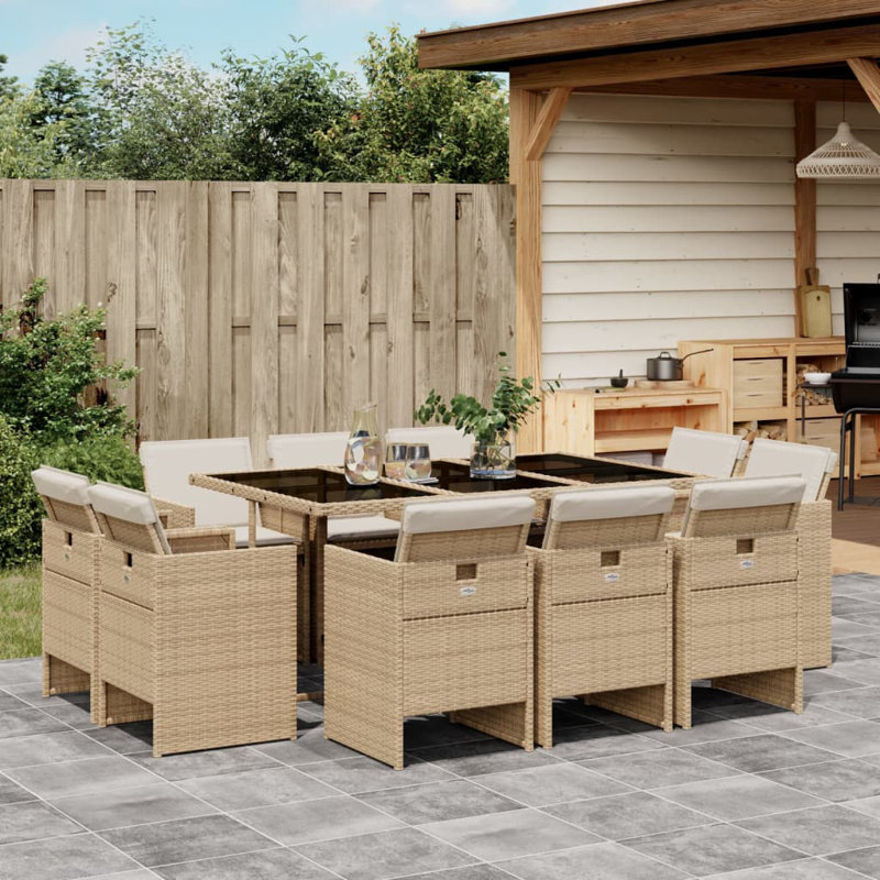  Ensemble de salle à manger de patio avec 10 coussins beiges et noirs avec des coussins blanc crème, Blanc, crème, Beige/noir