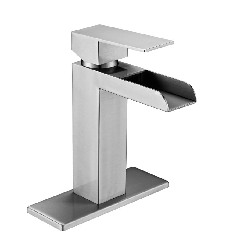 Brushed Nickel Waterfall Bathroom Tap - Single Handle With Deck Plate & Overflow Pop-Up Drain Stylish Sink Faucet Pop Up