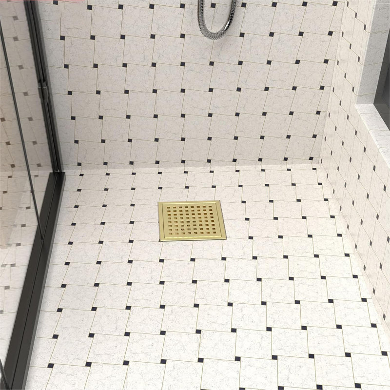 6-Inch Square Shower Floor Drain, Quadrato Pattern Grate,Kswhyrs0003, Brushed Gold