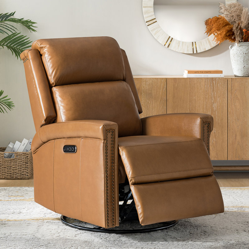 Volodia Transitional Genuine Leather Dual Motor Power Swivel Rocker Recliner with Adjustable Headrest, Camel