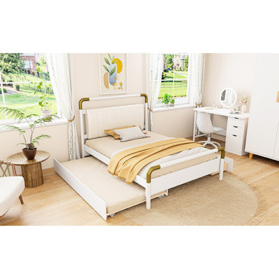 Élégant grand lit avec 2 grands tiroirs et un lit gigogne blanc pour une chambre à coucher relaxante