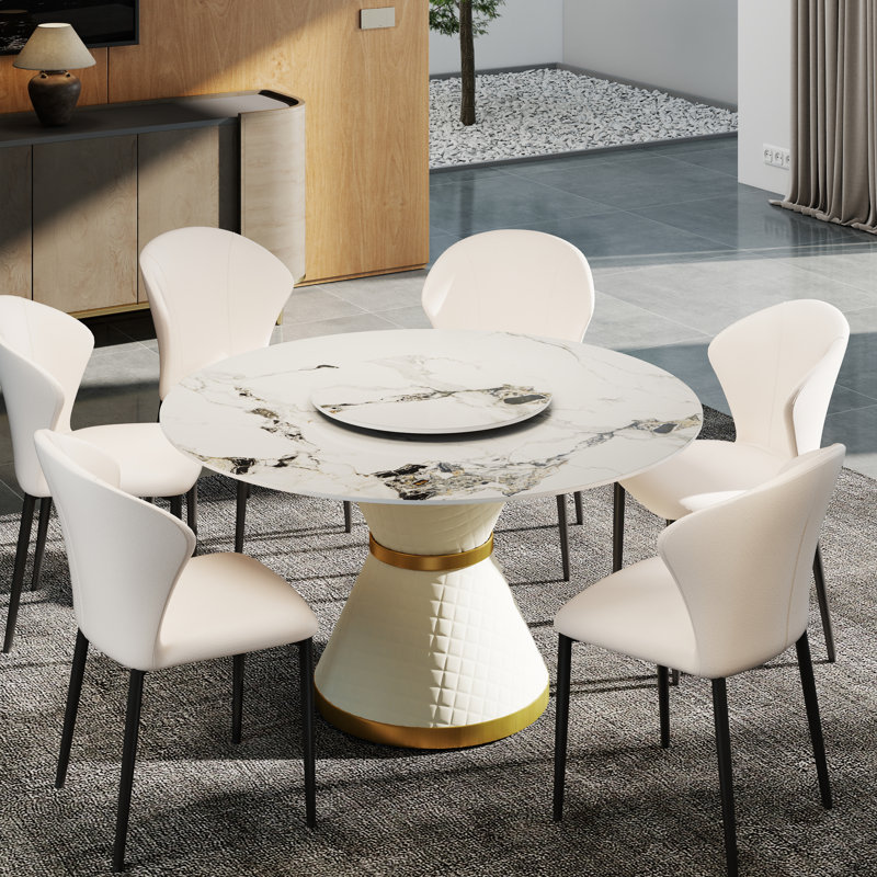 Patsy Round Dining Table with Rotating Tray, 29.5" H x 53" W x 53" L, Patek White
