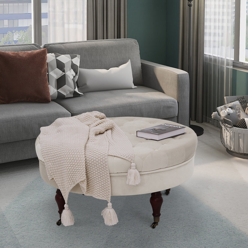 Smpad 32.3 Wide Velvet Tufted Round Ottoman, Beige Velvet