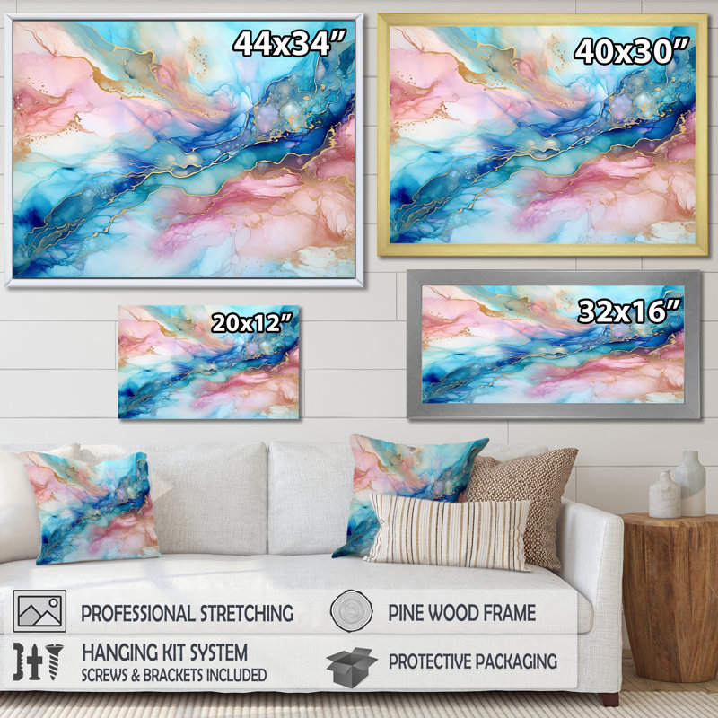 Rose et bleu Glacier Sunrise I - formes abstraites, art mural, H 12 po x l 20 po x P 1 po, Toile tendue
