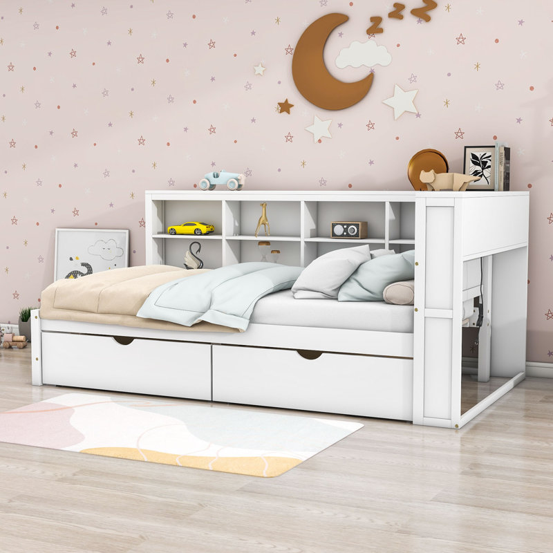 Tou Wood Daybed with 2 Drawers and Shelves, White, Twin