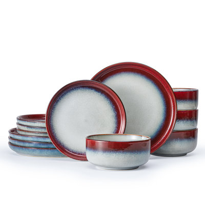 Ensemble 12 pièces de vaisselle en grès 12 pièces, assiettes émaillées réactives et ensembles de bols pour 4