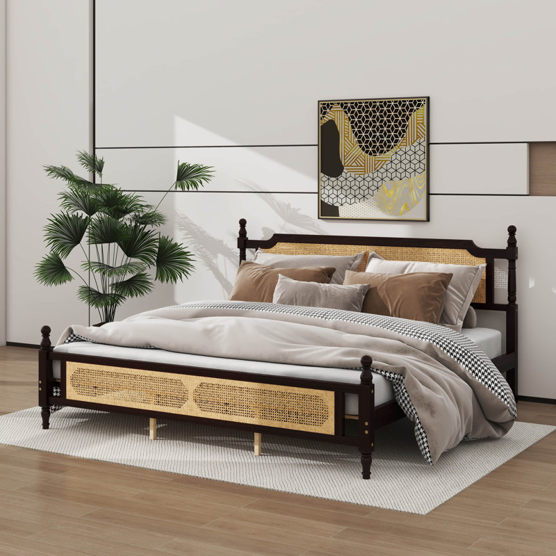 King Size Wooden Bed Frame Embellished With Rattan Head, Espresso