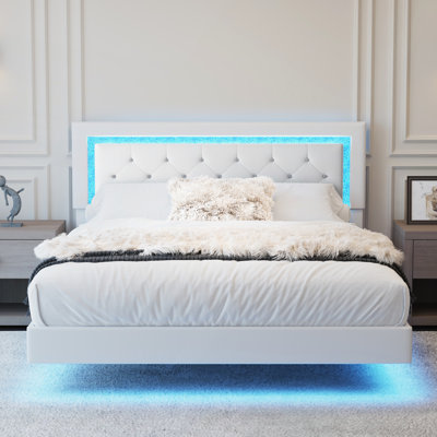 Queen Size Bed Frame with Diamond Tufted Headboard, Floating Design, LED Lights, and No Box Spring Required
