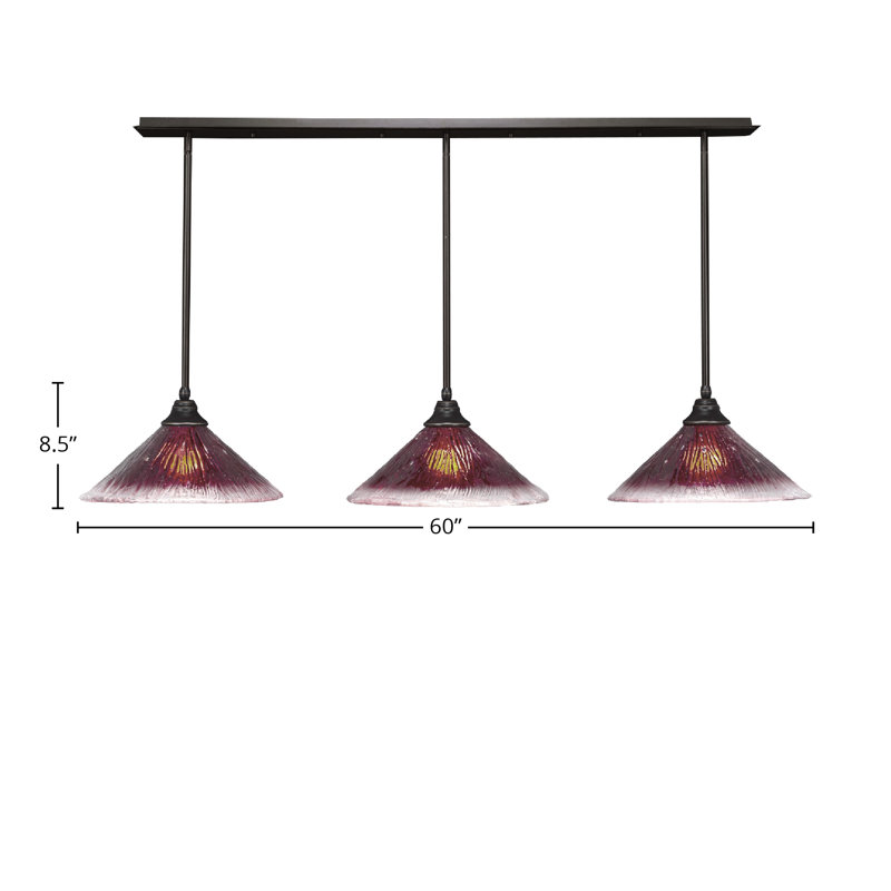 3 Light Stem Hung Linear Pendalier Shown With 16" Crystal Glass, Raspberry, Dark Granite