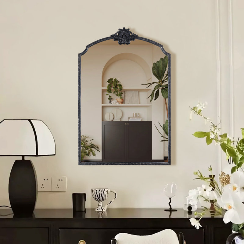 Lindon Arched Iron Wall Mirror, 30" x 20", Antique Black