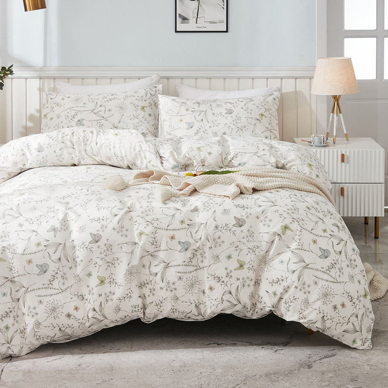 Housse de couette 100% coton Nayoroom SJT-JX, Housse de couette pour très grand lit et 2 taies , Motif floral blanc