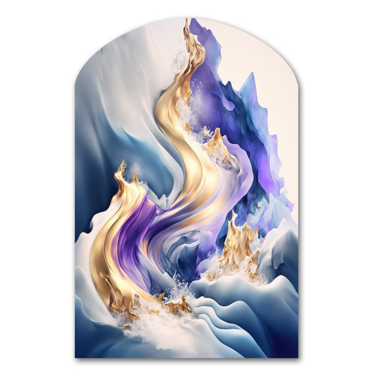 «Blue and Gold Splash Paint III - Abstract Spirals Arch», art mural en métal bleu asymétrique, H 43 po x l 33 po