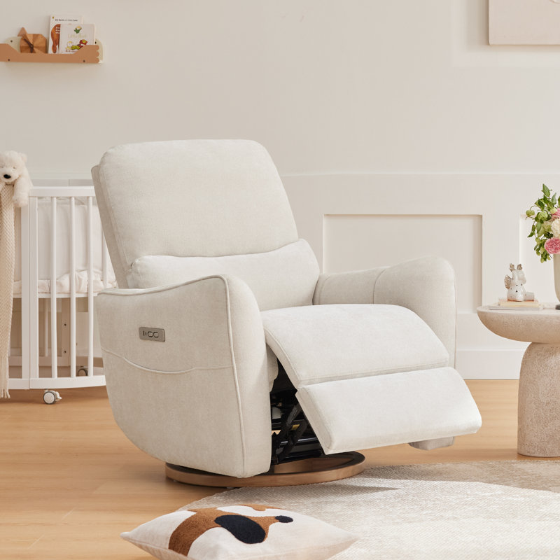 Modern Swivel Power Recliner With USB & Type-C Charge, Side Pocket, And Solid Wood Swivel Base, Cream