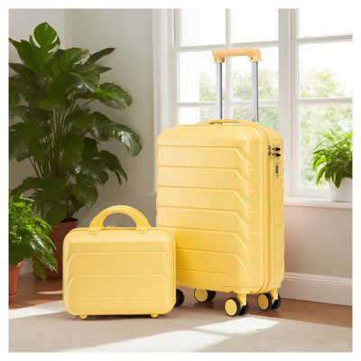2-Piece Yellow ABS Hard Shell Luggage Set with 14-Inch Cosmetic Case and 20-Inch Carry-On Spinner
