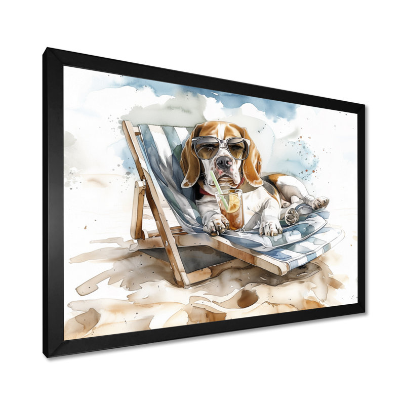 Beagle avec lunettes de soleil sur une chaise de plage, Toile encadrée noire simple, H 12 po x l 20 po x P 1 po