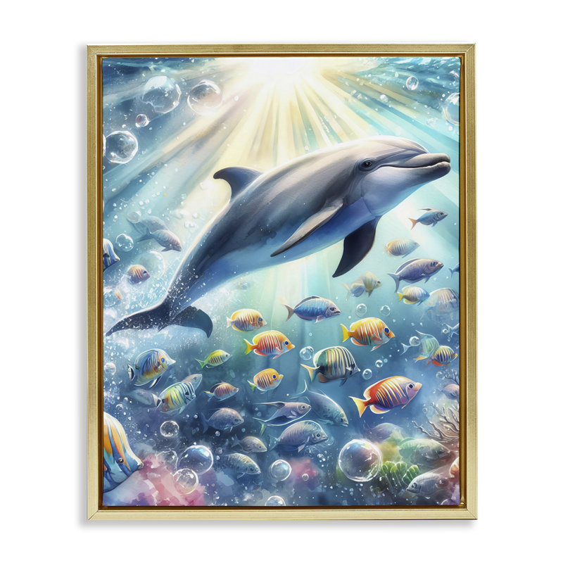  Art mural sur toile, "Dauphin parmi les mers" par LSR Design Studio, H 21 po x l 17 po, Cadre flottant métallique doré