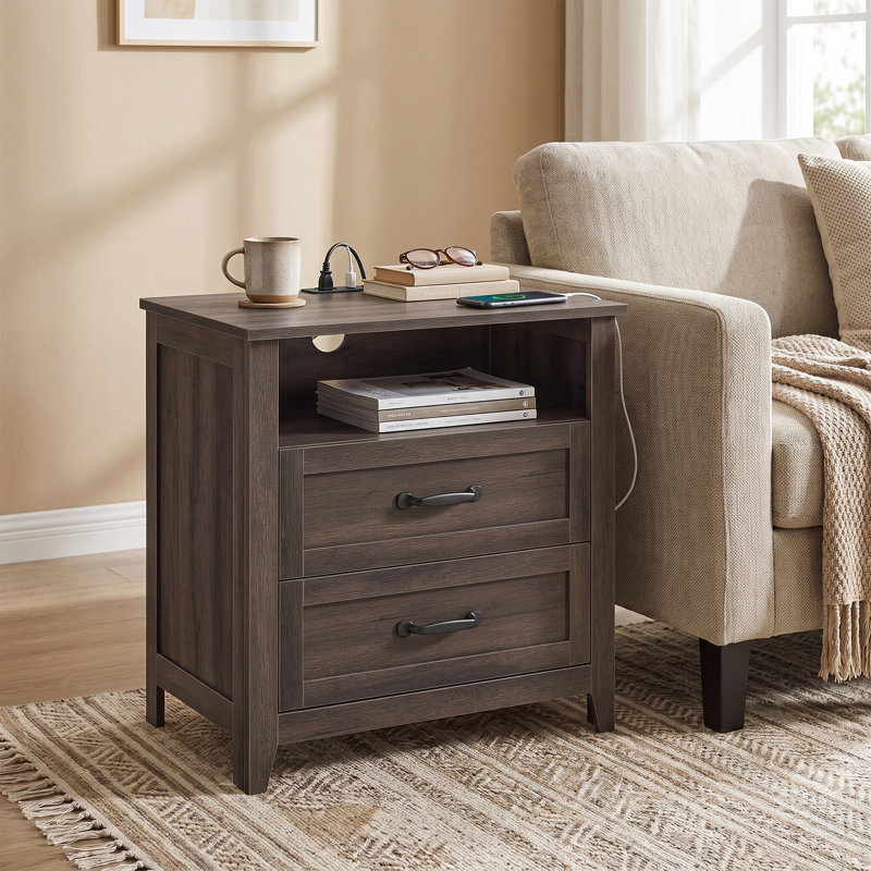 Table de chevet 24 po avec station de charge et table de bout avec 2 tiroirs, Taupe