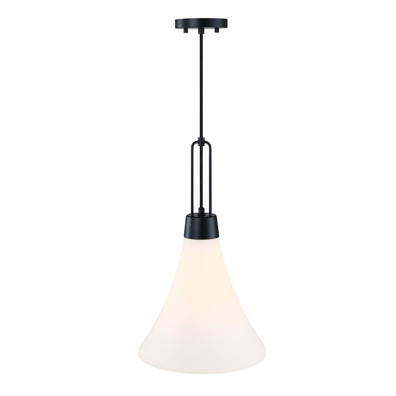 Rockleigh 60 Watt 1-Light Down Pendant Light with Etched Opal Glass Shade, 20" H x12" W x 12" D, Matte Black