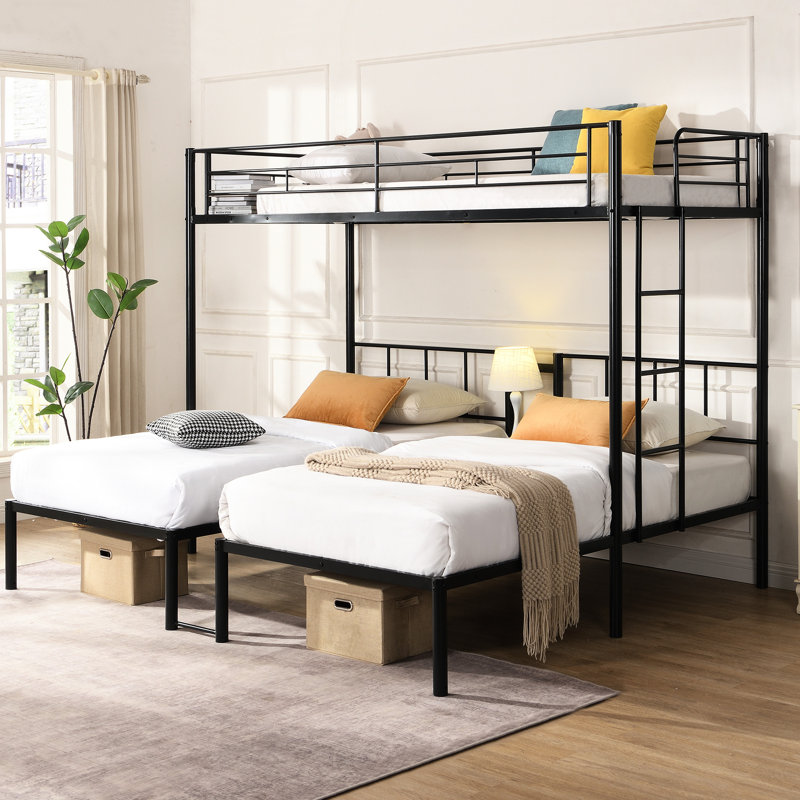 Triple lit superposé simple au-dessus d'un lit simple, structure en métal, vertical, garde-corps à quatre côtés, rangement pour fournitures noir, 78 po de profondeur, 92,1 de largeur, 72 de hauteur, 135,37 lb avec rail, tablette, extension appropriée