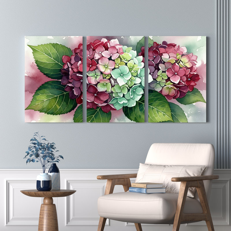 «Hydrangea», impression sur toile tendue à l'aquarelle sur toile, ensemble de 3, H 18 po x l 36 po