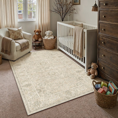 Vintage Floral Machine Washable Area Rug With Non-Slip Backing