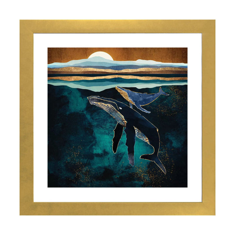 Moonlit Whales - impression d'art graphique, Blanc, H 24 po x l 24 po x p 1 po, Papier encadré doré