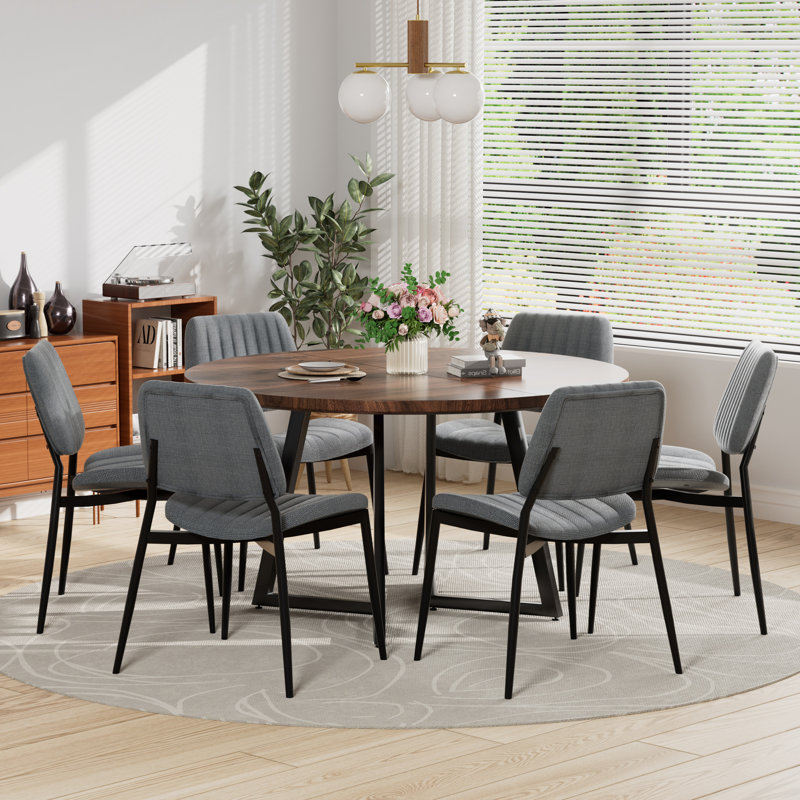 Table de salle à manger ronde avec chaises en tissu de lin, 7, Noyer, Gris