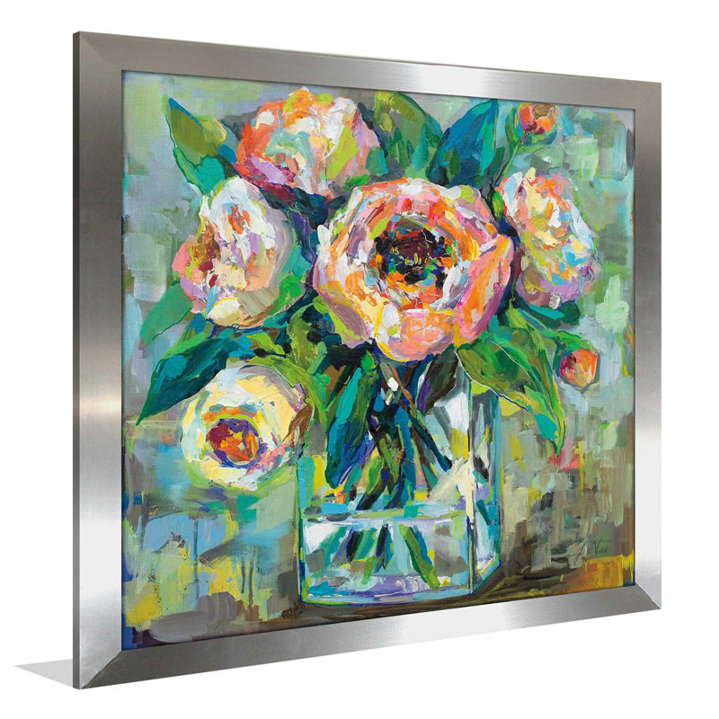 Rose - peinture, H 31,5 po x l 31,5 po x P 1 po, Encadrement argenté
