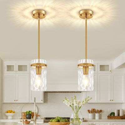 1 - Light Gold Modern Pendant Light with Cylinder Clear Hammered Glass Shade