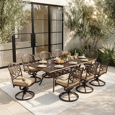 9-Piece Cast Aluminum Outdoor Table and Chairs, Classic Vintage Patio Dining Set for 8 Include 87" Rectangular Outdoor Dining Table and 8 Swivel Chairs with Removable Cushion and Umbrella Hole