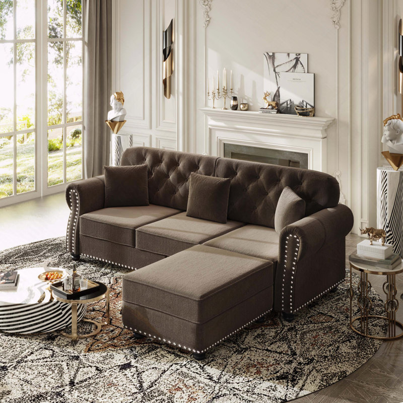 Velours Chesterfield canapé garniture cloutée capitonnée, Brun