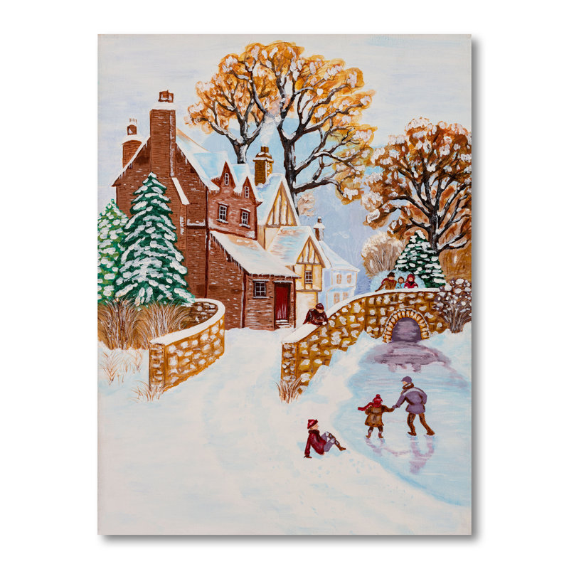 Enfants jouant pendant l'hiver de Noël - Peinture sur toile encadrée, H 20 po x l 12 po x P 1 po, Toile tendue