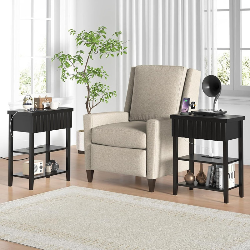 Table de chevet cannelée étroite - Ensemble de 2 - Tables de chevet modernes avec tiroir, tablettes de rangement et station de charge [Noir]