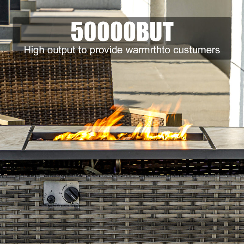 Mehalek 25" H X 47" W Propane Fire Pit Table With Rattan Side Panel, Outdoor Ceramic Tabletop Fire Pit