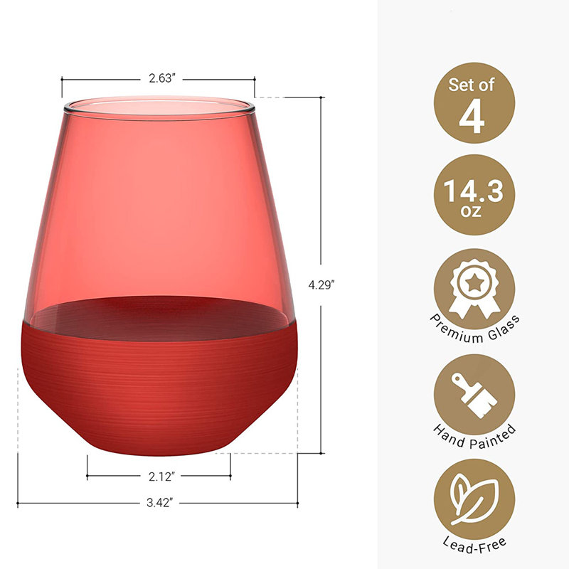 14.3oz Red Matte Painted Glass Stemless Wine Glasses Set