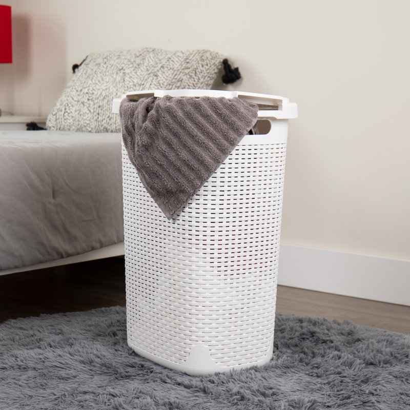  40L Slim Laundry Hamper, Clothes Basket, Lid, Wicker Design, Plastic, Set of 3, 24.15" H x 13.75" W x 17.65" D, White