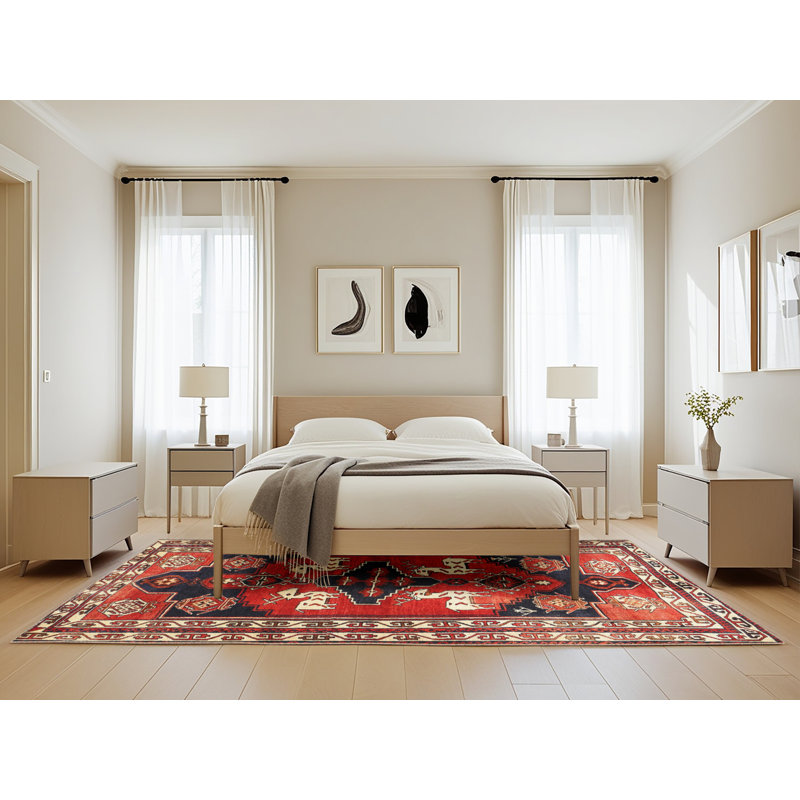 Tapis traditionnel rouge / noir / beige, Rectangle 5 pi x 8 pi