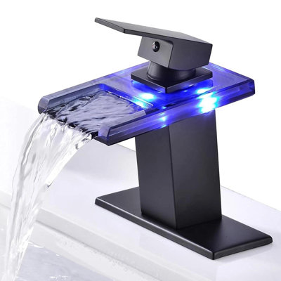 LED Bathroom Sink Faucet Matte Black Waterfall Single Hole Handle Vanity Faucets