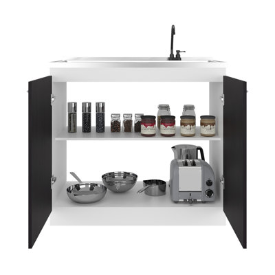 Freestanding Utility Sink With Black & White Print, Faucet, And Two - Door Cabinet, For Office Kitchen Home Built In Sink, Metal Handles, Garage Use