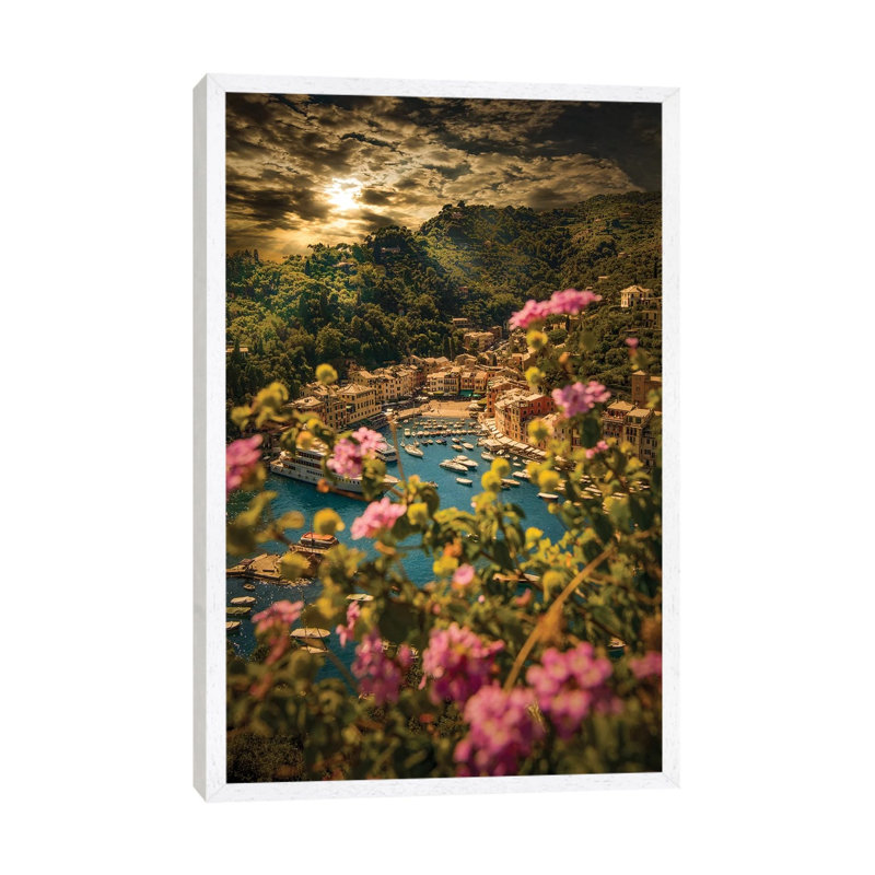 Portofino With Flowers by Enzo Romano - Print on Canvas, 101.6cm H x 66.04cm W x 3.81cm D, White Framed