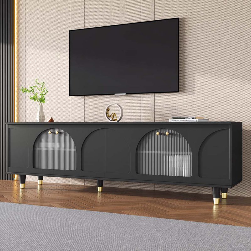 Contemporary TV Stand With Adjustable Shelves For Tvs Up To 78'', Stylish Media Console With Gold Handles And Arch Fluted Glass Doors, Delicate Entertainment Center For Living Room