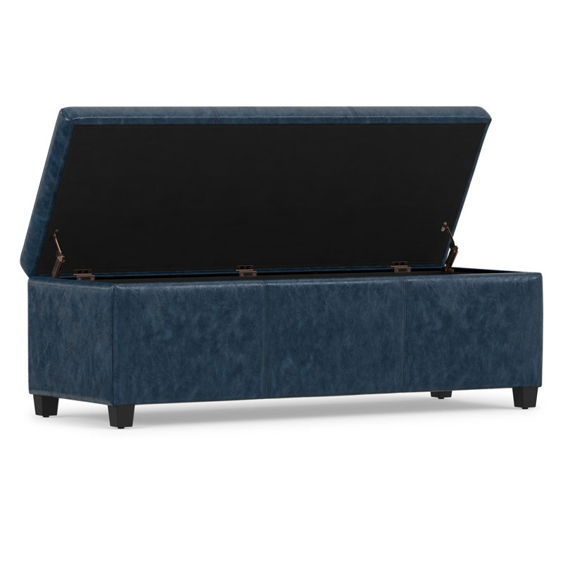 Banc rembourré avec rangement en mousse à haute densité de 48 po Avalon, Similicuir bleu denim